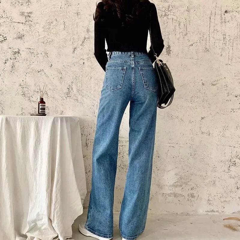 nvxiot - High Waist Solid Color Wide Leg Jeans Spring Autumn New Retro Style Women Street Style Classic Slim Pants Lady Straight Denim