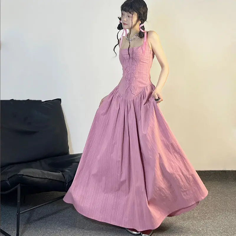 MQTIME - Midi Long Sleeveless Hollow Backless Sexy Elegant Pink Dress Women Maxi Dresses Summer y2k cloth fairycore 00s grunge aesthetic