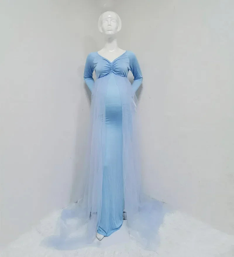 nvxiot - Summer Maternity Tulle Long Dresses Baby Shower Cotton Dress Stretchy Pregnancy Photography Dress with Cape Long Train
