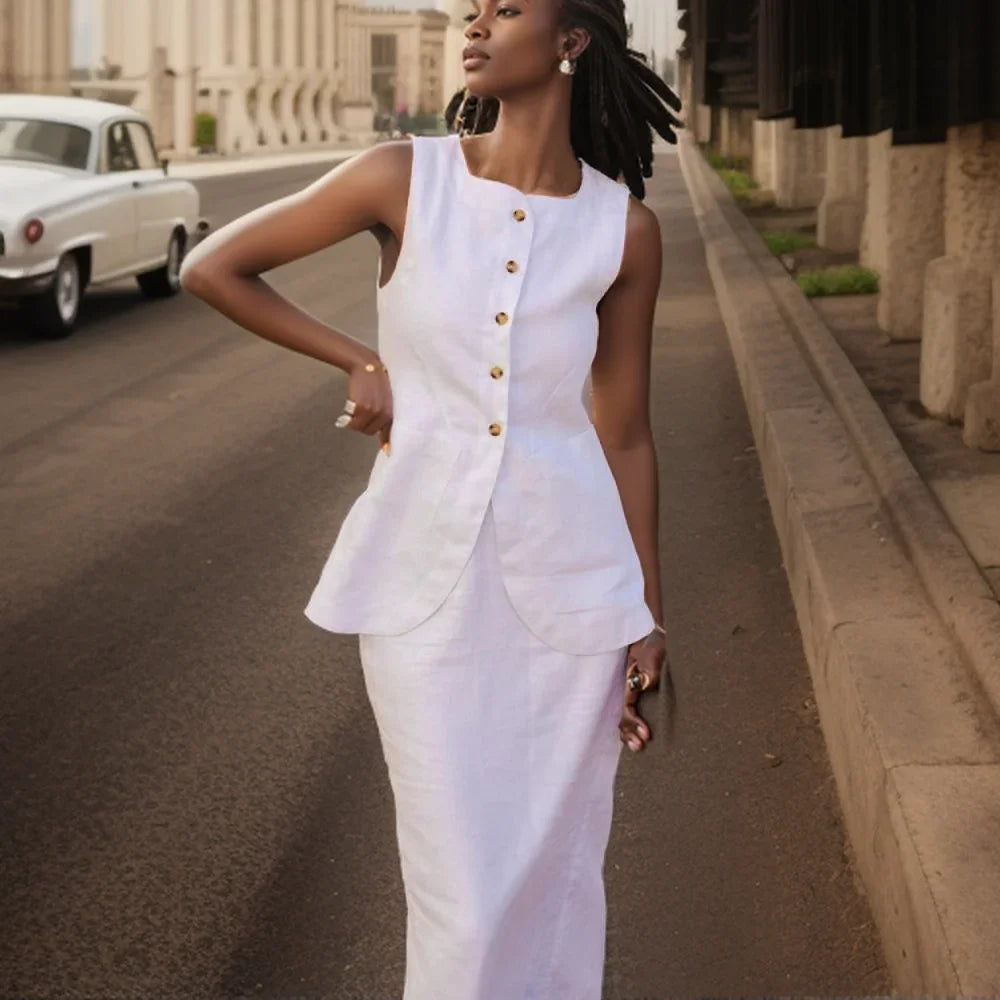 MQTIME - Women Vintage Buttons Vest Set Fashion Sleeveless Square Collar Waistcoat Blouse White High Waisted Skirt Commuting Work Clothes