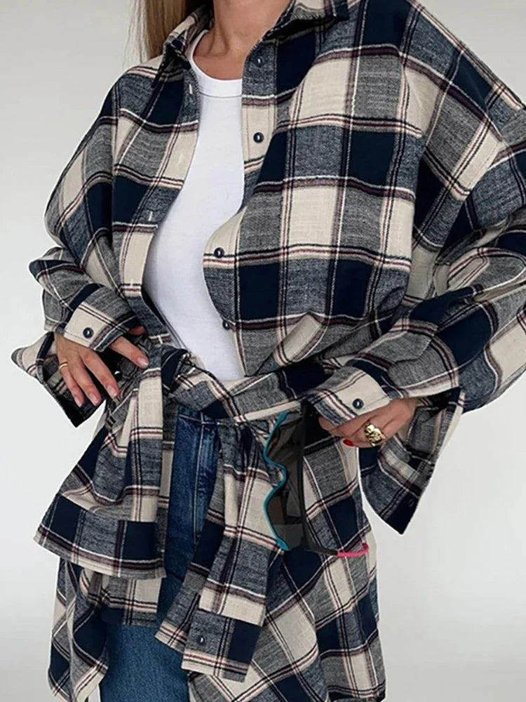 nvxiot - 2024 Women Spring Winter Oversized Plaid Shirt Thick Vintage Long Sleeve Loose Fit Blouse For Woman
