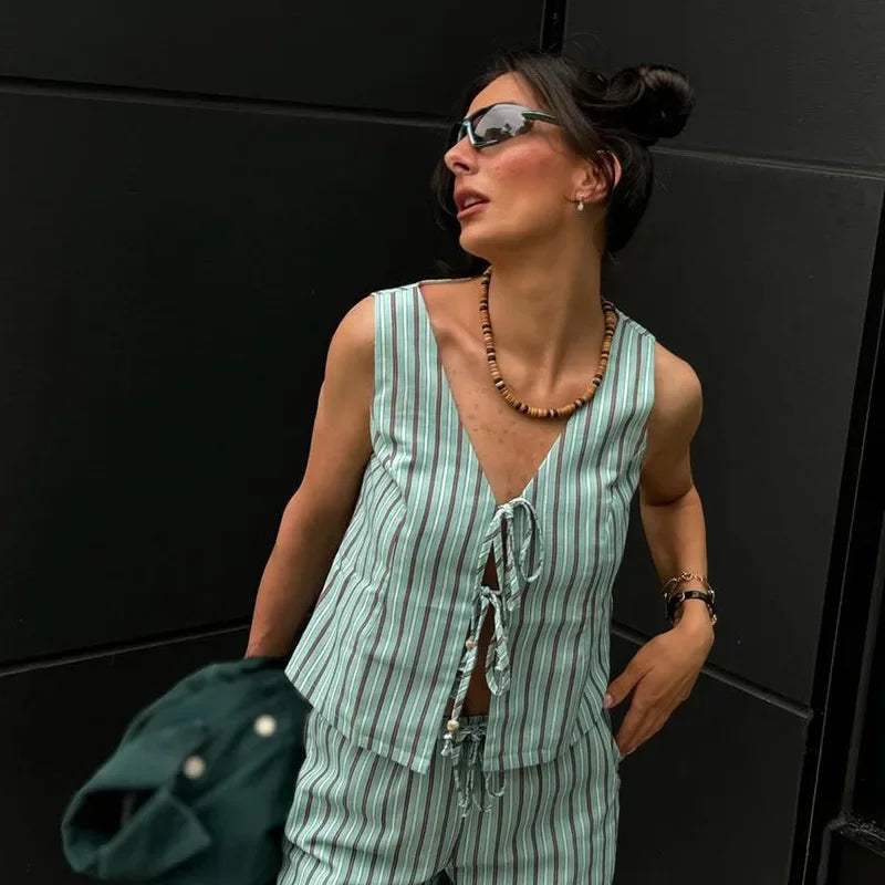 nvxiot - Striped Pants Suit Two-Piece Set 2024 Summer Lace Up Hollow V-neck Vest Drawstring Wide Leg Trousers Sets Fashion Lady Outfits