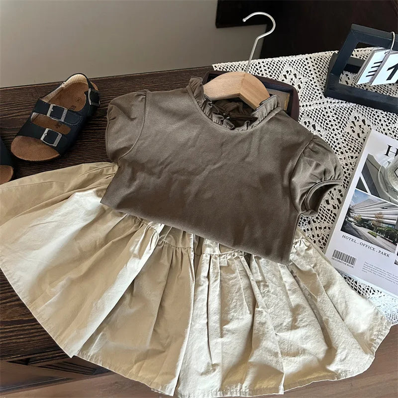 MQTIME - 2024 Korean Summer Children Girl 2PCS Clothes Set Bubble Short Sleeve Undershirt Solid Versatile Pleated Skirt Baby Girl Outfits