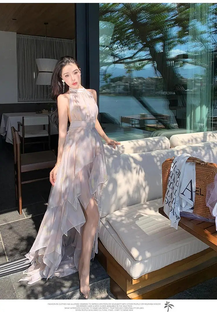 nvxiot - Summer Retro Print Halter Sleeveless Backless Slim Bodycon Birthday Dress Women Party Elegant Irregular Pleated Long Dress