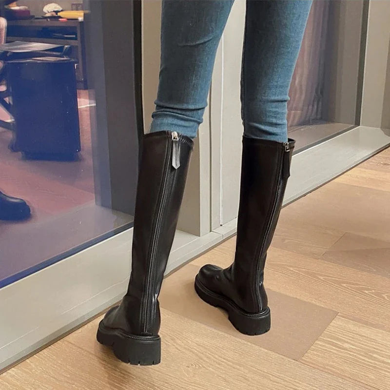 nvxiot - Women's Long Boots Autumn/Winter Thick Sole Round Toe Fashion Versatile Inner Heightening British Brown Knight Boots Women
