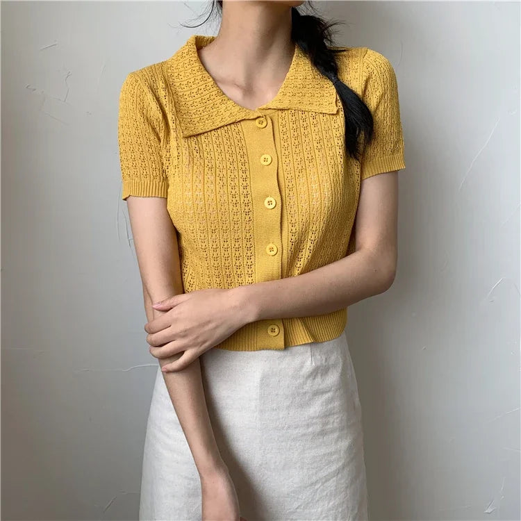 MQTIME - Women 2024 Lapel Hollow Out Short Sleeves Knitted All-Match Solid Fashion Casual Elastic Chic Basic Short Sweaters Streetwear