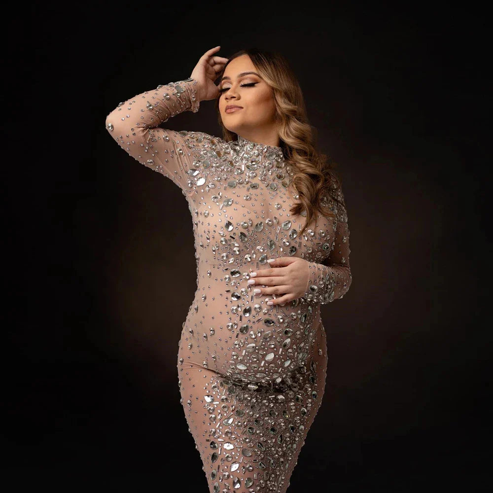 MQTIME - Maternity Photography Gown Sexy Goddess Party Dress Bright Diamond Stretch Fabric Dress For Pregnant Woman Photo Shoot Props