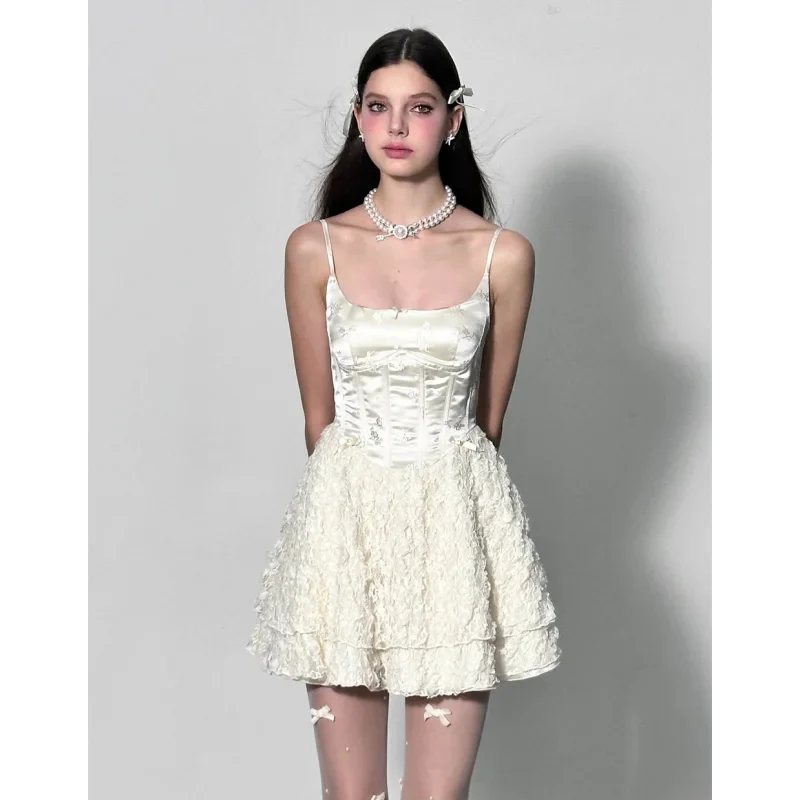 MQTIME - Y2K Short Dresses for Women Summer New High Waist White Lace Party Spaghetti Strap Streetwear Korean Ruffles A-line Mini Vestido