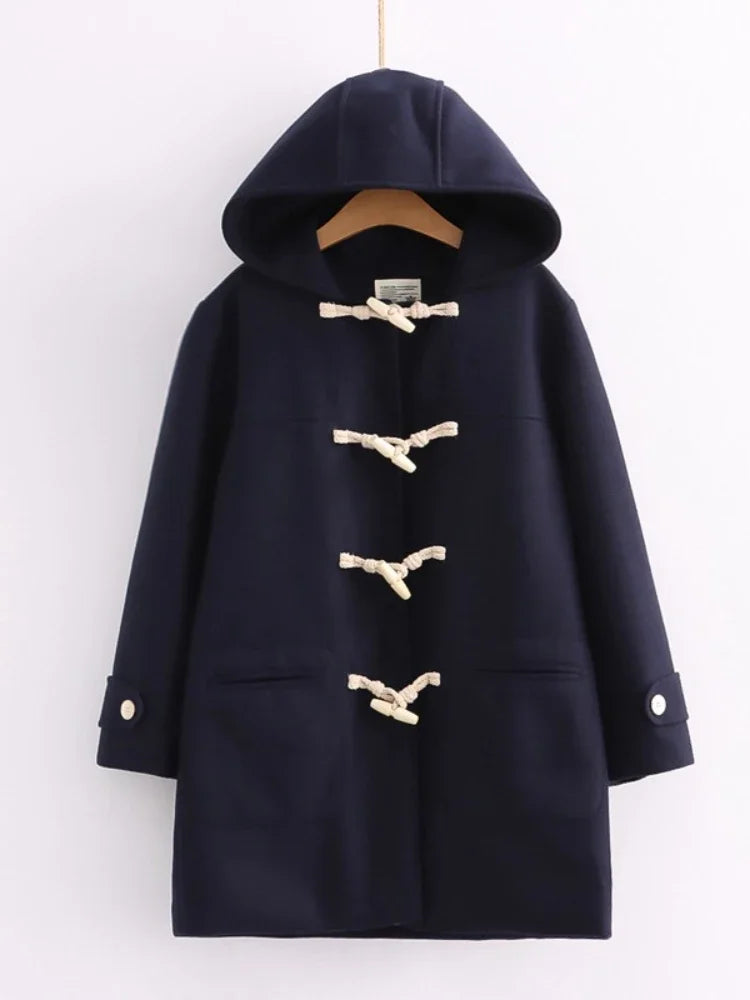 nvxiot - Winter Women Wool Blends Coat Straight Long Hooded Coats Jacket Horn Button Sleeve Preppy Style Female Warmness Outwears
