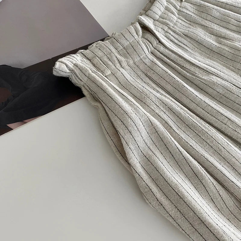 nvxiot - Stripe Linen Cotton Long Pant Women High Waist Wide Leg Pants