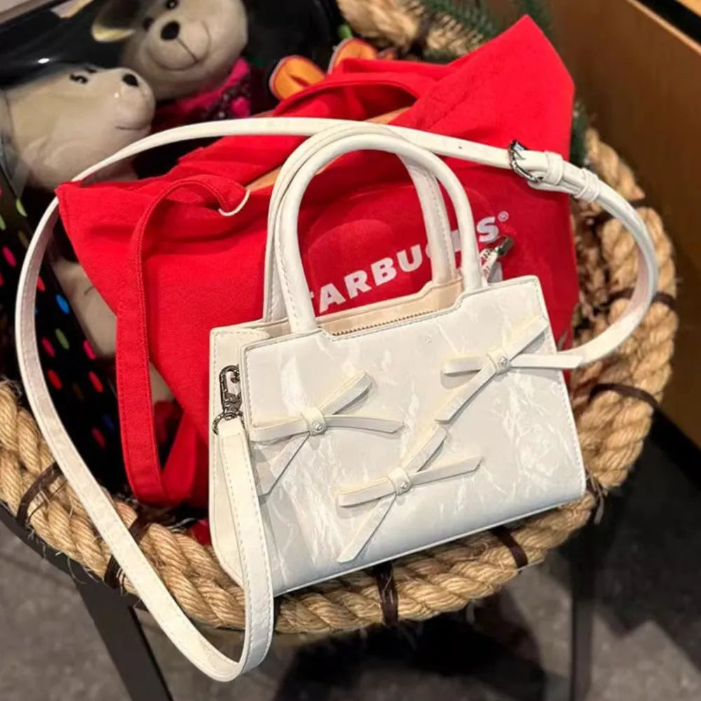 nvxiot - Hot Girls Bow White Mini Tote Bag Women Sweet Cool Bow Chic Leather Y2k Hand Bag Ladies Harajuku Aesthetic Messenger Bag