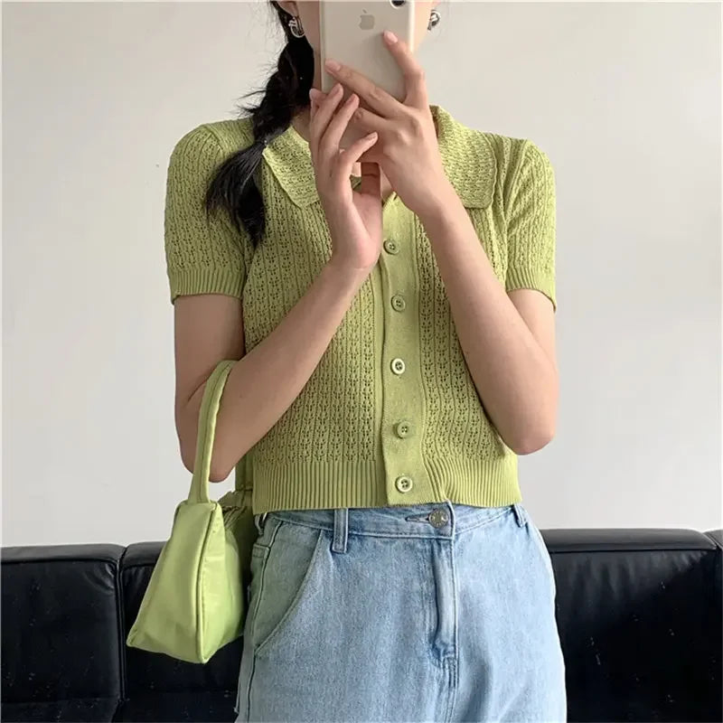 MQTIME - Women 2024 Lapel Hollow Out Short Sleeves Knitted All-Match Solid Fashion Casual Elastic Chic Basic Short Sweaters Streetwear