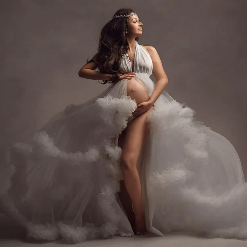 nvxiot - Sexy Bathrobe Robe Night Bathrobe For Mother and Daughter Tiered Pleated Long Dress Tulle Maternity Women Photo ShootCustom