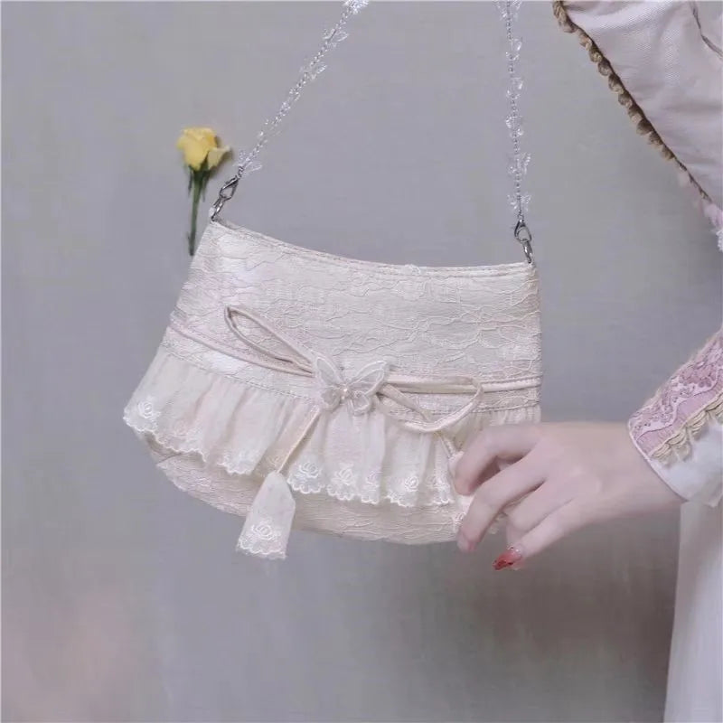 nvxiot - Lolita Lace Sweet Handbag Women Vintage Fairycore Aesthetic Bow Chic Shoulder Bags Purse Female Retro Underarm Bag Bolso