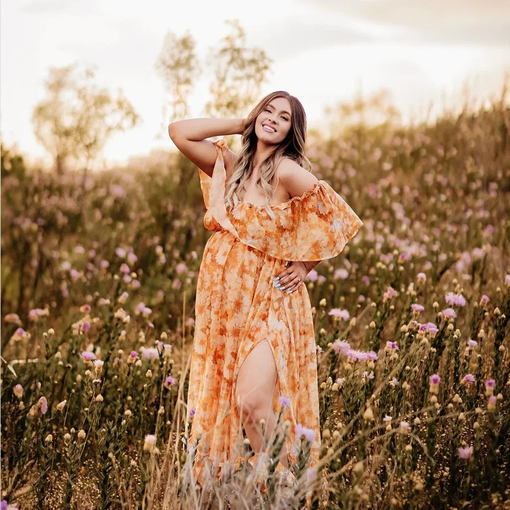 nvxiot - Fall Outfits 2024 Bohemian Photo Shooting Pregnancy Dress Printed Chiffon Off Shoulder Two-Piece Dress Maternity Dresses For Baby Showers