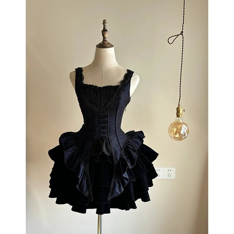 MQTIME - Retro Hepburn Wind Black Sling Fishbone Waist Trimming Ruffles Dress