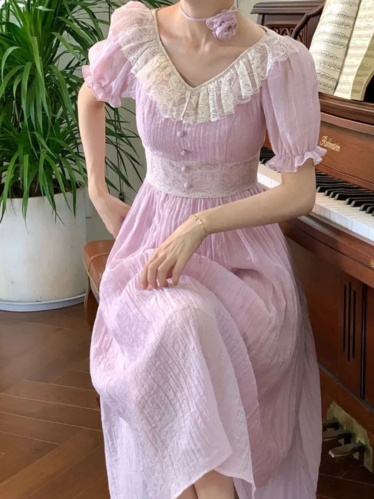 MQTIME - French Puff Sleeve Women Dress For Summer New Vintage Slim Waist Party Midi Dresses Chic V-neck Lace Lady Vestidos Robe A-line