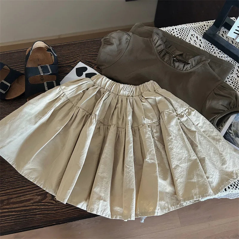 MQTIME - 2024 Korean Summer Children Girl 2PCS Clothes Set Bubble Short Sleeve Undershirt Solid Versatile Pleated Skirt Baby Girl Outfits