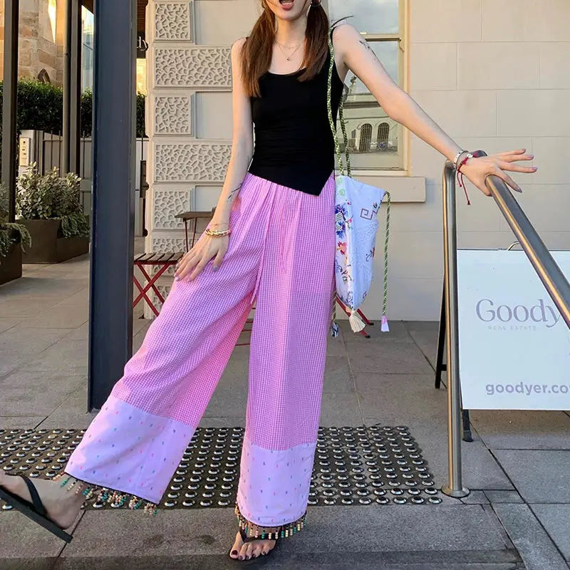 MQTIME - Summer New Fashion Contrast Color Plaid Splicing Heavy Industry Beaded Wide Leg Pants Women Trendy HIgh Waist Loose Casual Pants