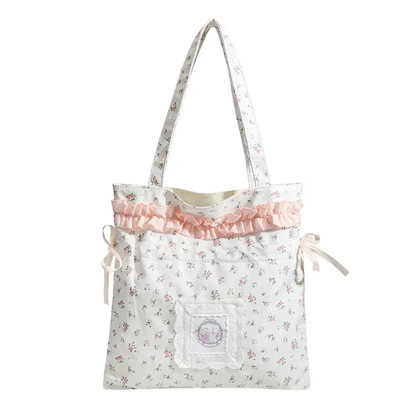 MQTIME - Fairycore Floral White Shoulder Bags Women Sweet Cute Drawstring Canvas Tote Bag Ladies Harajuku Aesthetic Handbag Y2k