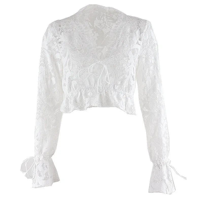 MQTIME - E-Girls Y2k Sweet 90s Aesthetic Sexy V-neck Drawstring Ruffles T-shirts Cute Hollow Flare Sleeve Lace Top Vintage Summer Clothes