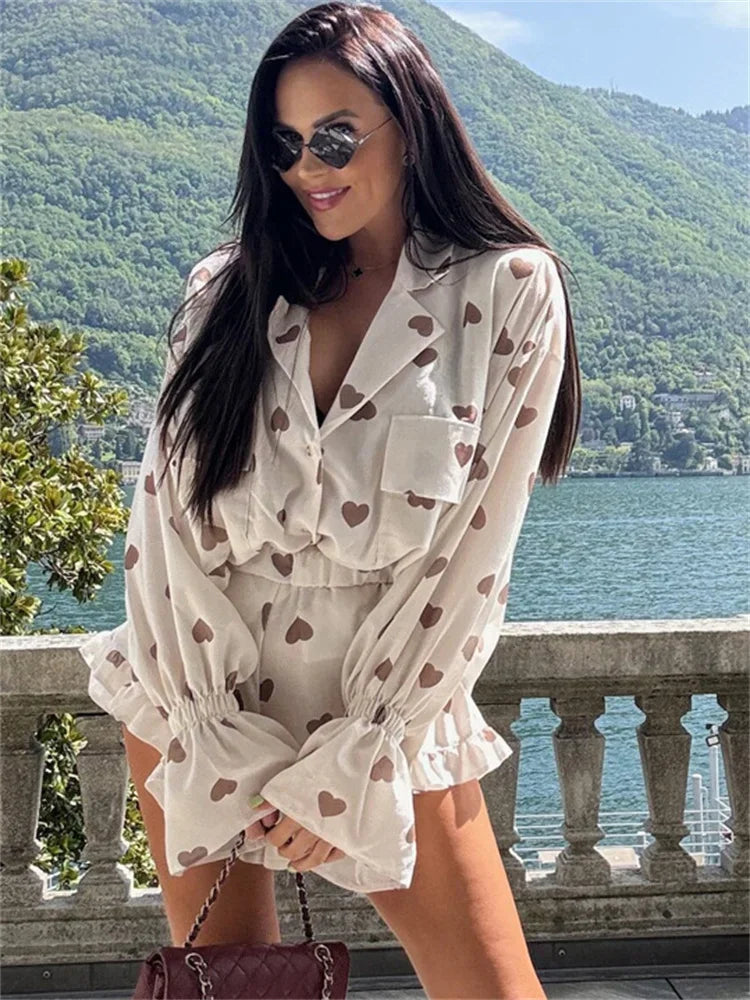 nvxiot - Autumn 2 Piece-Set Shorts For Women Printed Pocket Shirts And High Waist Slim Shorts Sets Female Casual Contrast Outfits