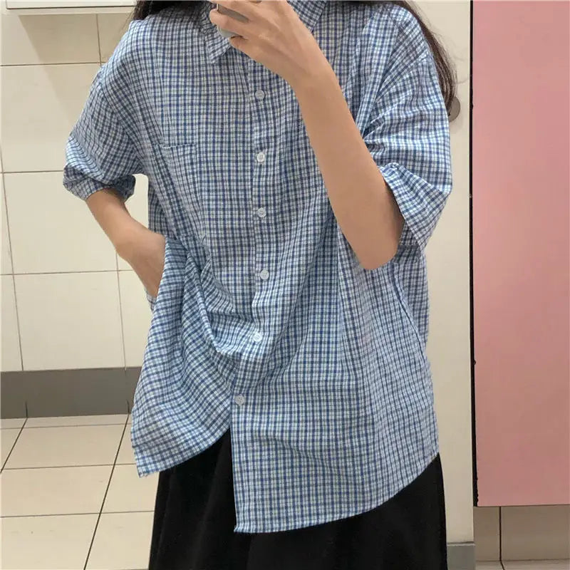 nvxiot - women summer casual plaid short sleeve blouse female oversize Japanese sweet botton shirts lady