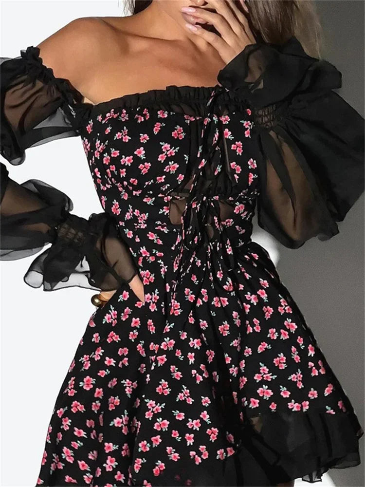 nvxiot - Fashion Printed Off-Shoulder Mini Dress Women's Ruffled See-Through Long Sleeve Bandage Patchwork Dress Female Clothes New