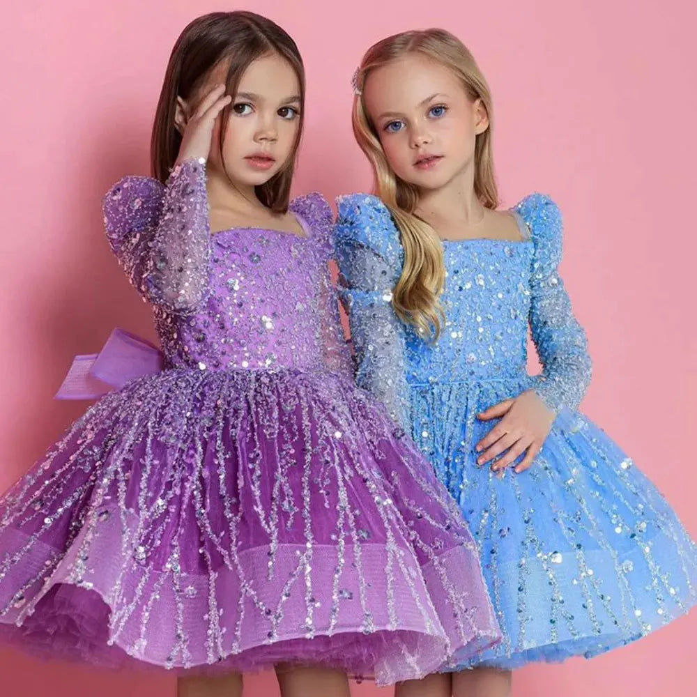 MQTIME - Sparkly Arabic Girl Dress Beading Purple Baby Kids Princess Birthday Wedding Party Children Holiday Gown 2024 J204