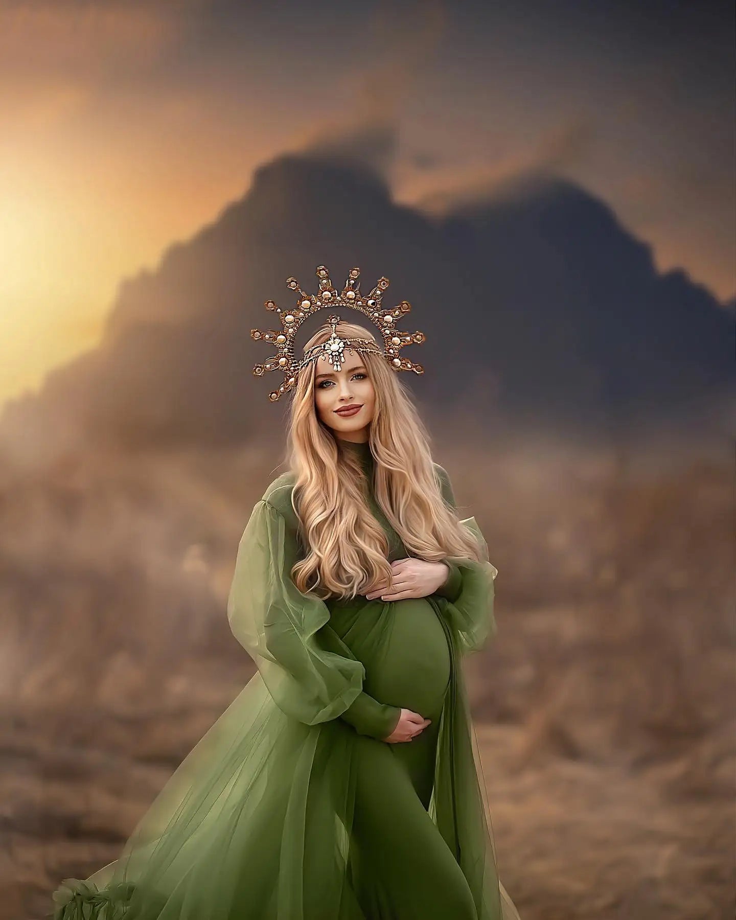 nvxiot - Modest Green Mermaid Maternity Dress for Photoshoot High Neck Pregnant Women Photography Dresses Long Sleeve Babyshower Gowns