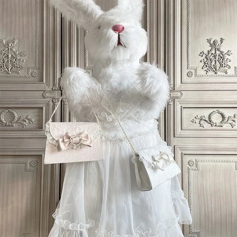 nvxiot - Lace Elegant Shoulder Bag for Women White Bow Cute Pearl Lolita Jk Handbag Original Exquisite Literary Fashion Armpit Bag