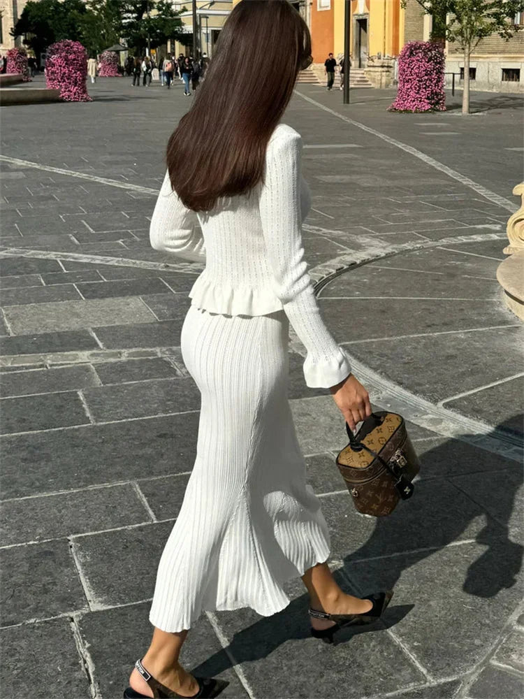 nvxiot - Ruffled Fashion Knit Maxi Dress Women's 2 Piece-Set V-Neck Hollow Out Patchwork Elegant Party Dress Female Knitwear Dress