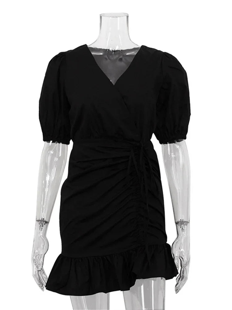 nvxiot - Drawstring V-Neck Sexy Mini Dress Female Ruffled Short Sleeve Patchwork Lace-Up White Dress Women's Bandage Party Dress