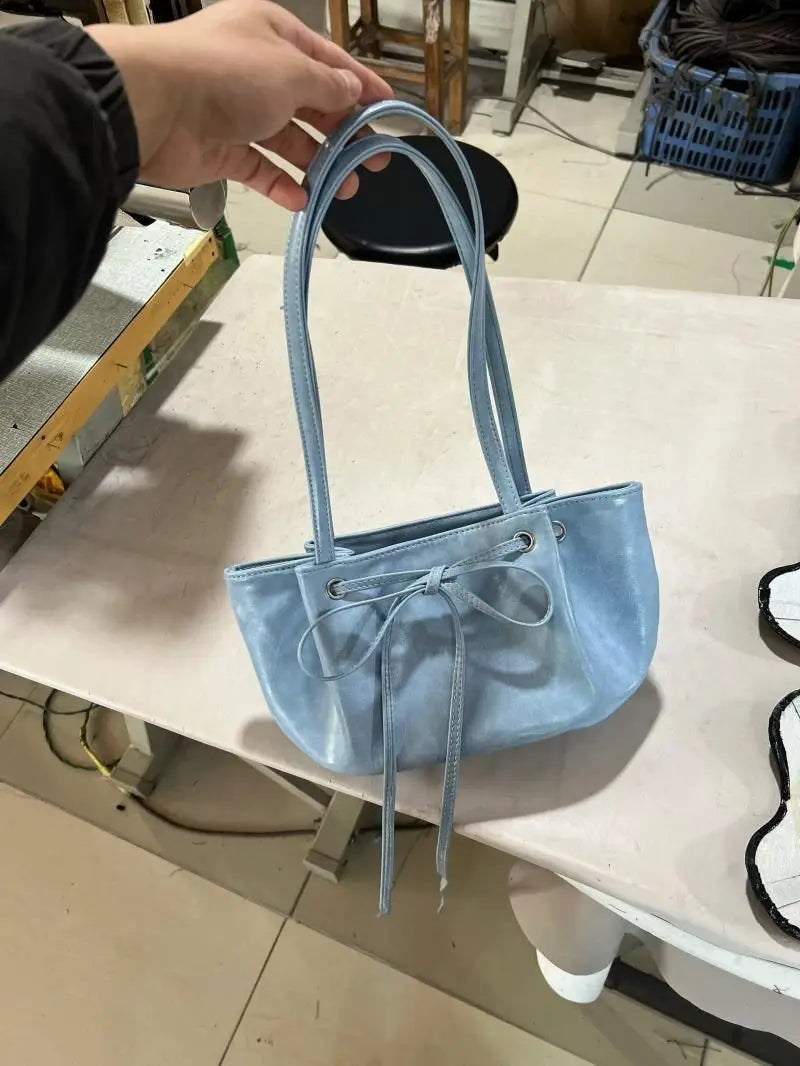 nvxiot - Harajuku Bow Blue Underarm Bags Women Hot Girls Leather Chic Casual Y2k Handbag Female Retro Cute Mini Bucket Bag 2024