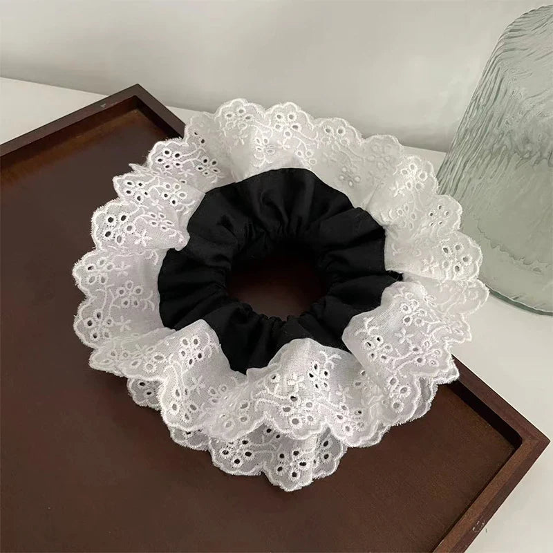 nvxiot - Retro Korean Flower Lace Scrunchies Four Layer Women Girls Exquisite Elastics Plaid Large Intestine Hair Holder Sweet INS Access