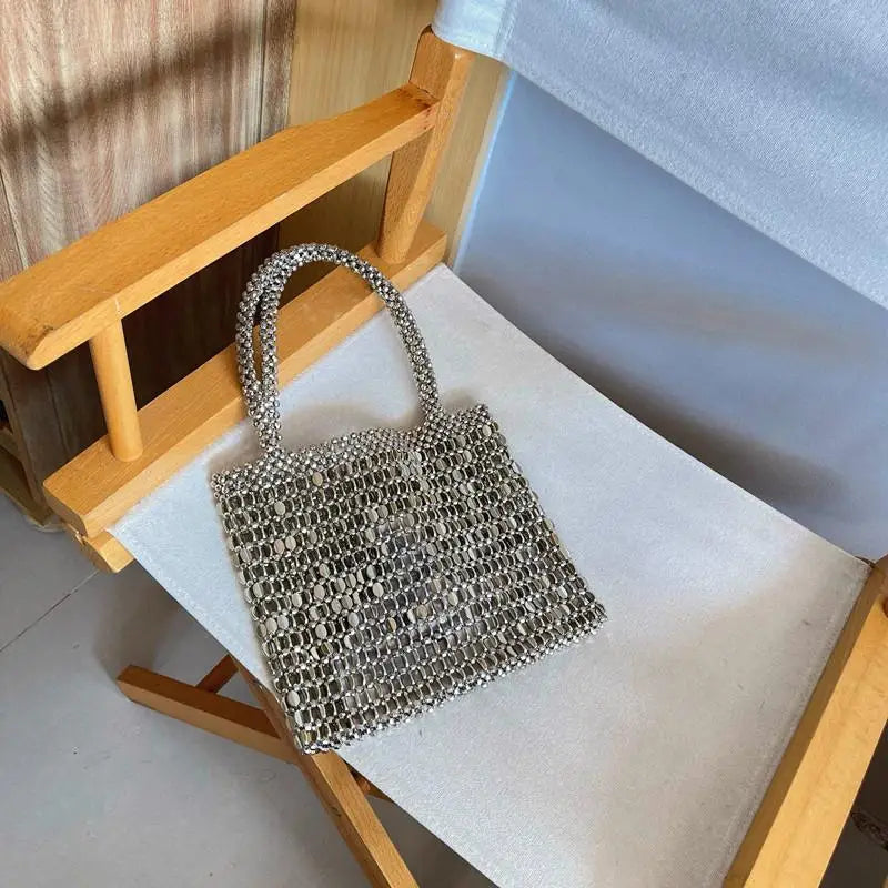 MQTIME - Vintage Handmade Ladies Handbag Weave Beaded Fashion Silver Color Shining Sequin Shoulder Bag Clutches Womens Party Handbag