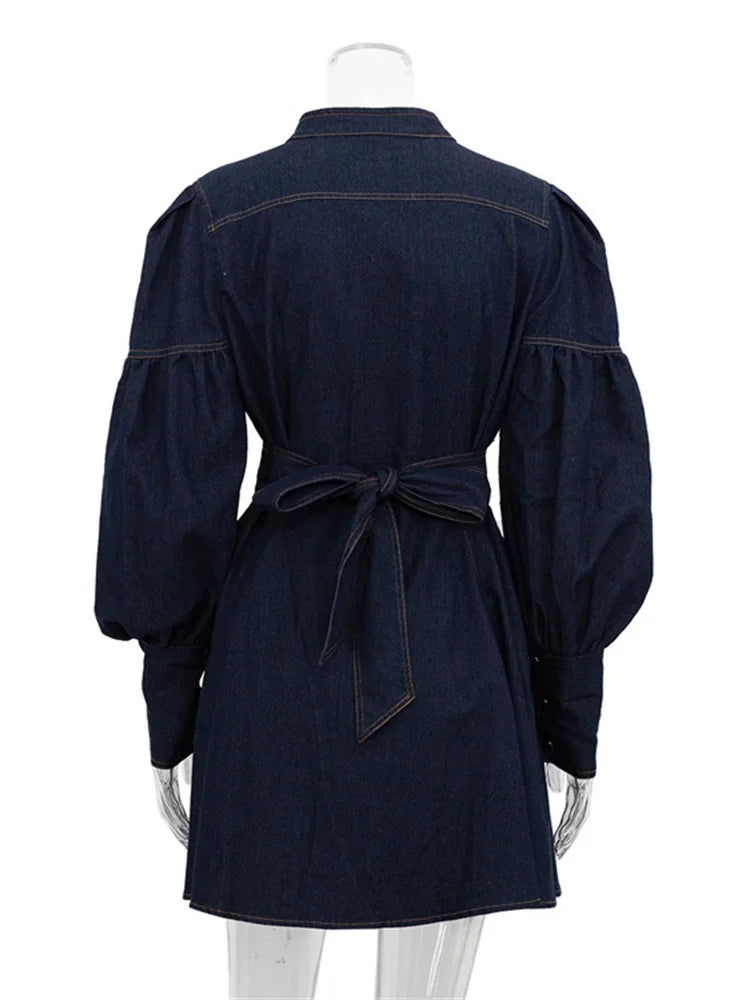MQTIME - Fashion Lace-Up Denim Mini Dress For Women Patchwork High Waist Bandage Jean Streetwear Female Slim Casual Dress Autumn