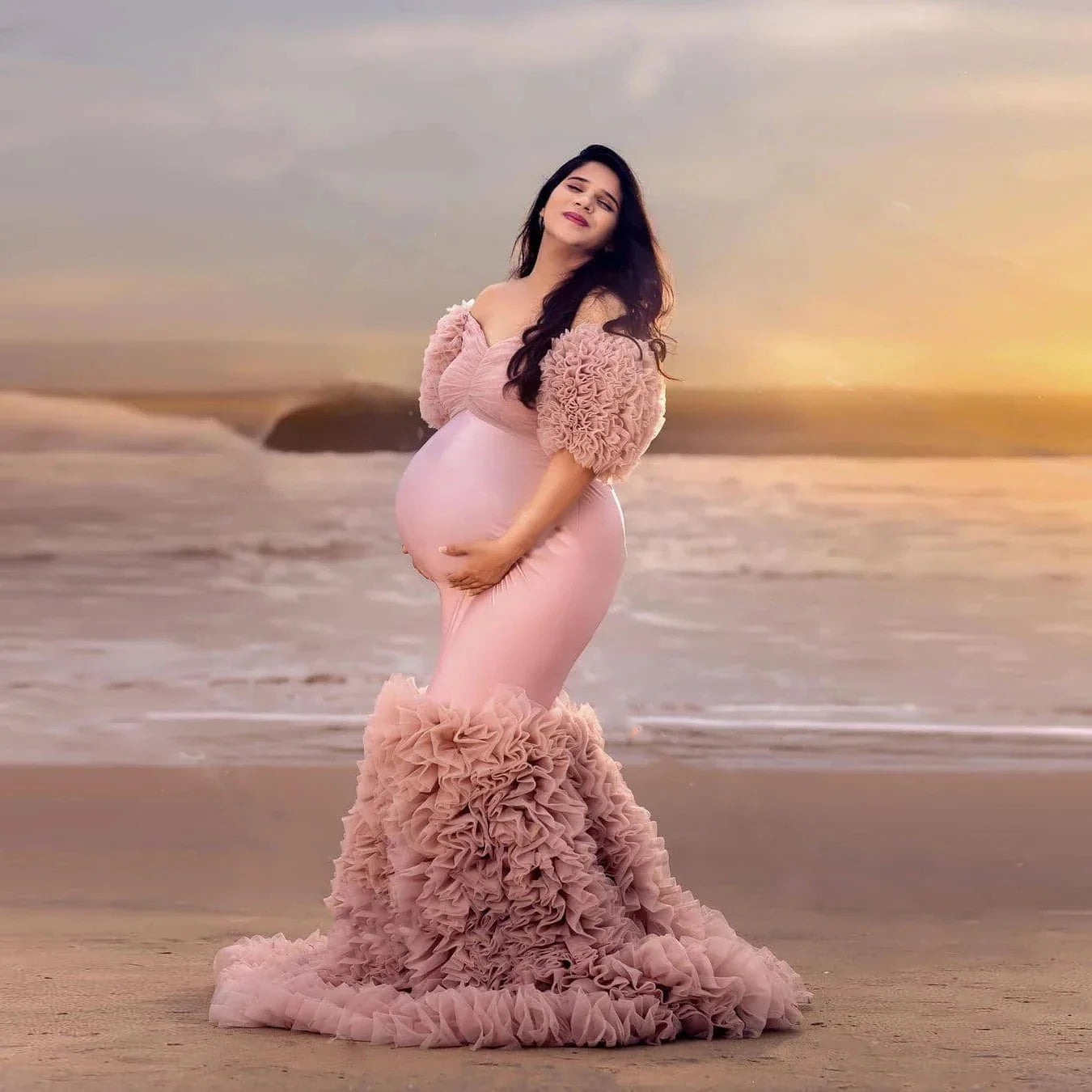 nvxiot - Women Dresses Stretchy Elegant Pink Mermaid Maternity Dress Half Sleeves Tulle Layered Maternity Gowns Off Shoulder