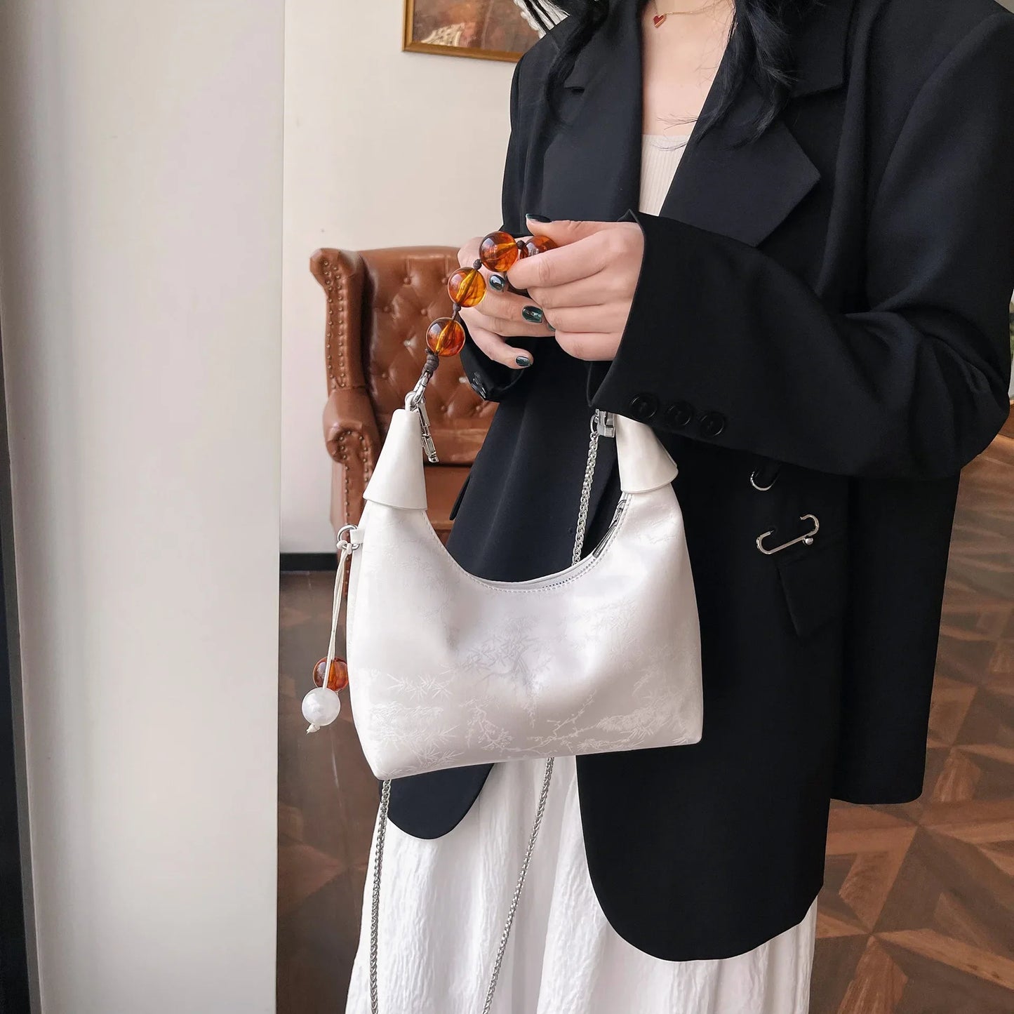 nvxiot - Trendy Beaded Handbags Vintage Fashion Chinese Style Small Tote Bags For Women Simple Silver Color Chain Shoulder Bag Crossbody