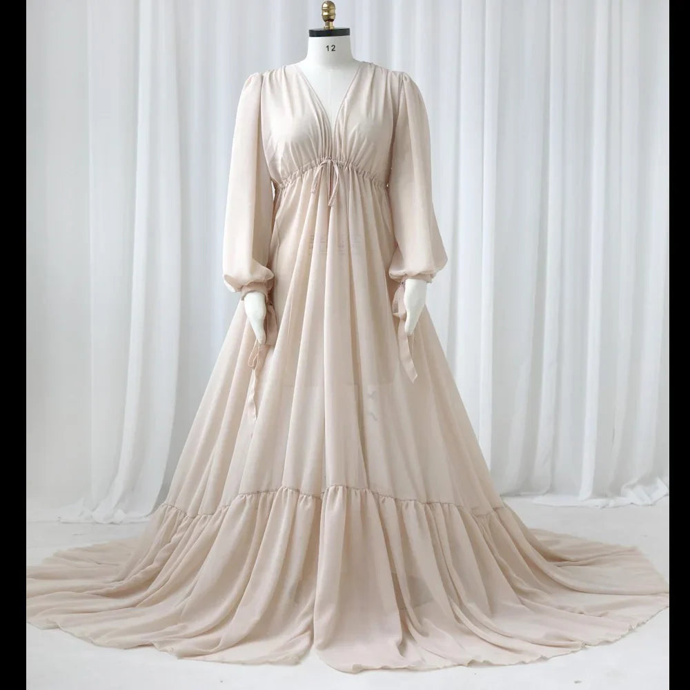 nvxiot - Photography Dress For Women Sexy Transparent Beige Chiffon Beach Robe Maternity Gown For Photo Shoot Boho Style Boho Style Dress
