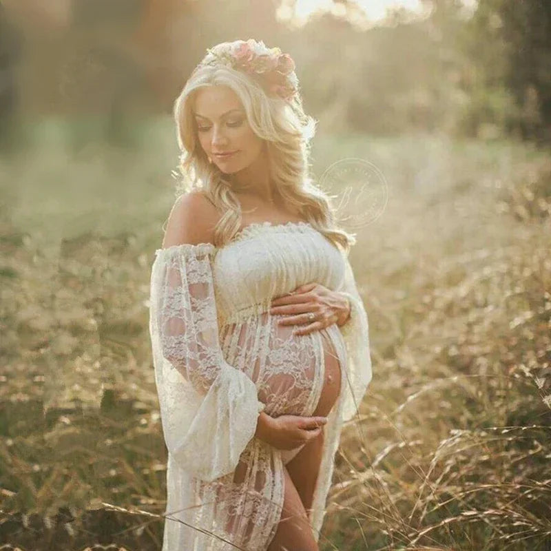nvxiot - Maternity Photography Maxi Dress For Photo Shooting Slit Open Slash Neck Flower Lace Pregnancy Photo Shoot Long Lace Dress