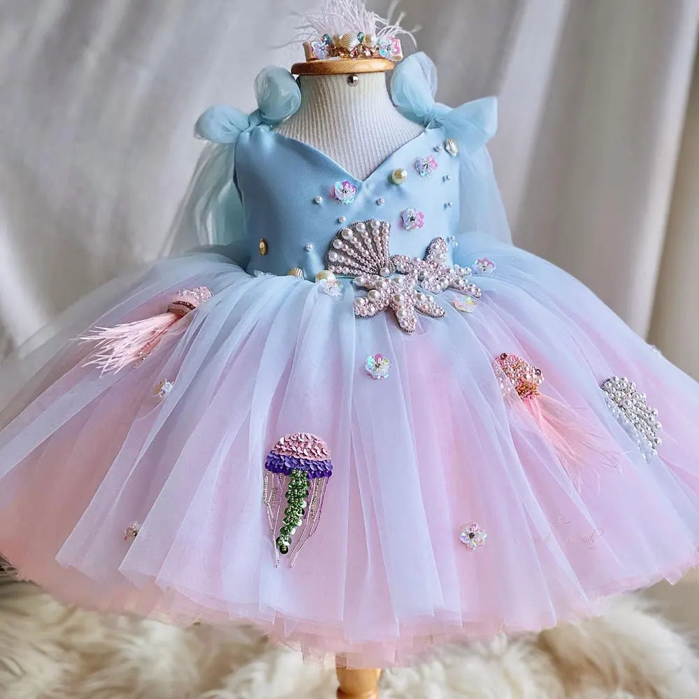 MQTIME - Luxury Sky Blue Baby Flower Girl Dresses Beaded Arab Pearls Princess Kids Gown for Birthday Wedding Evening Party J072