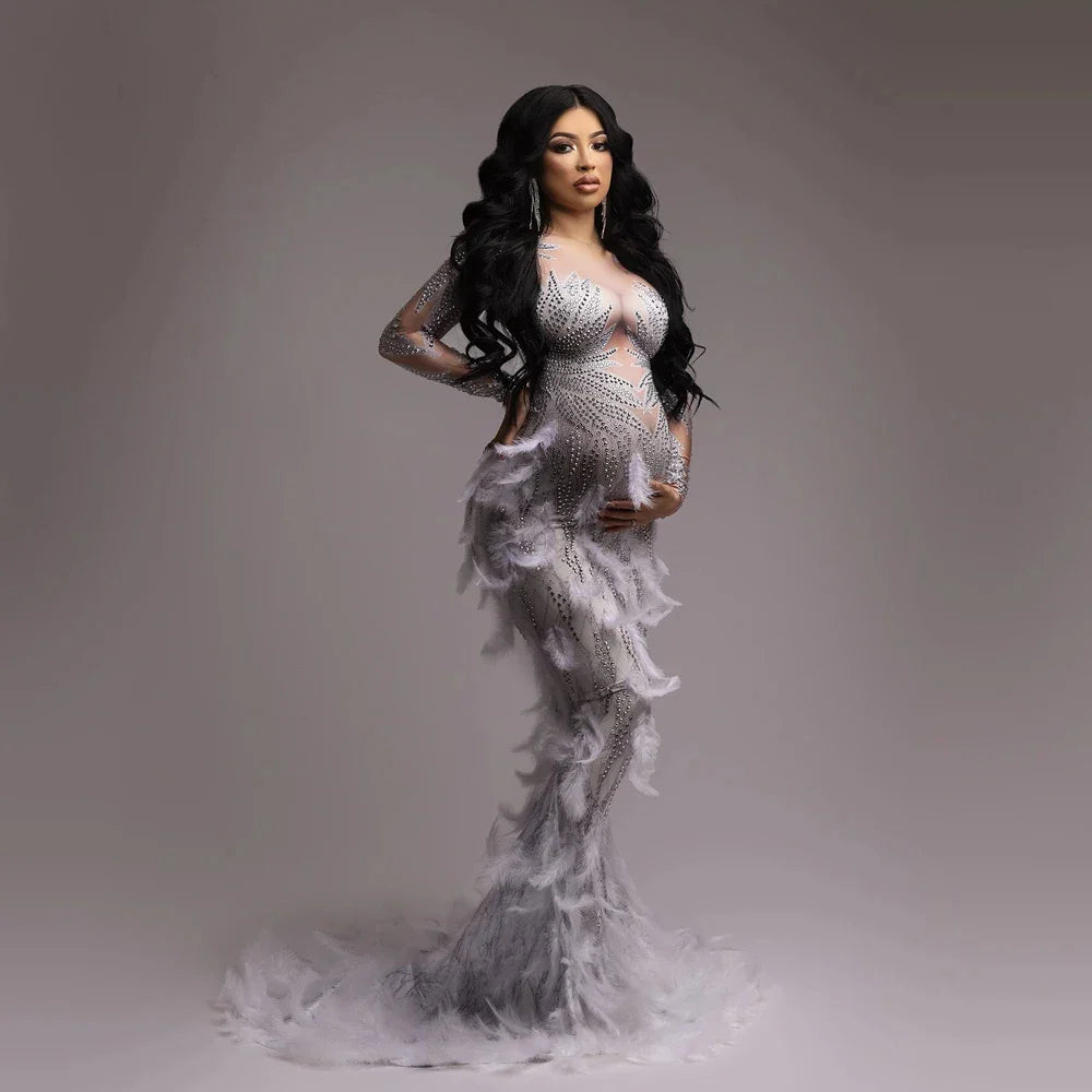 nvxiot - Maternity Photography Dress Rhinestone High Elastic Fabric Stitched Gauze Feather Skirt Sexy Maternity Dress For Photo Shooting
