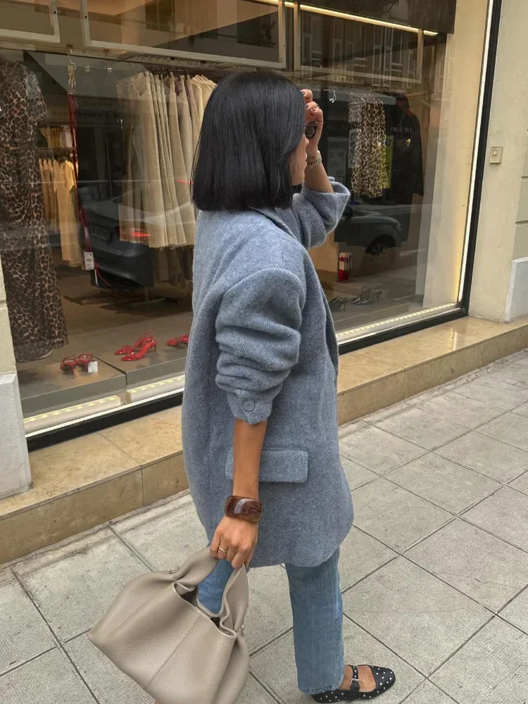MQTIME - Elegant Single Breasted Woolen Blend Jacket Fashion Women Lapel Long Sleeve Blazer 2024 New Lady Casual Street Commute Outwears