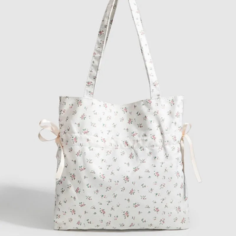 MQTIME - Fairycore Floral White Shoulder Bags Women Sweet Cute Drawstring Canvas Tote Bag Ladies Harajuku Aesthetic Handbag Y2k