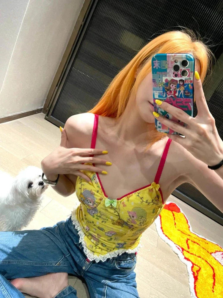 nvxiot - Dog Print Halter Vest Female Summer Slim Age Reduction Y2k Crop Top Lace Splicing Sling Top Korean Fashion Ropa De Mujer