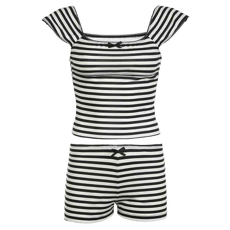 MQTIME - Stripe Contrasting Shorts Sets For Women 2 Pieces Square Neck Spliced Bow Tank Top Casual Y2K Slim Outfit Streetwear