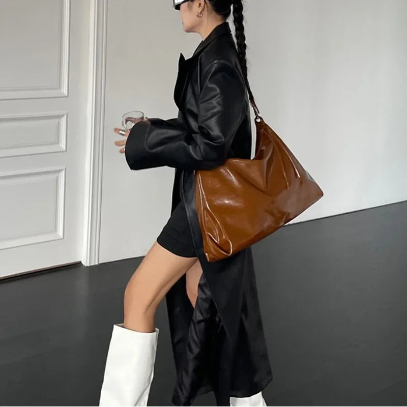 nvxiot - Burgundy Womens Tote Bag Aesthetic Vintage Fashion Advanced Leather Shoulder Bag Autumn and Winter Large Capacity Handbag