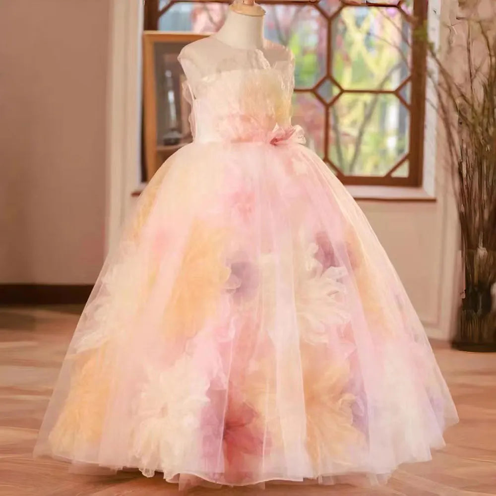 MQTIME - Luxury Arabic Floral Girl Dress with Flowers Dubai Kids Princess Birthday Wedding Party First Communion Gown 2024 J229