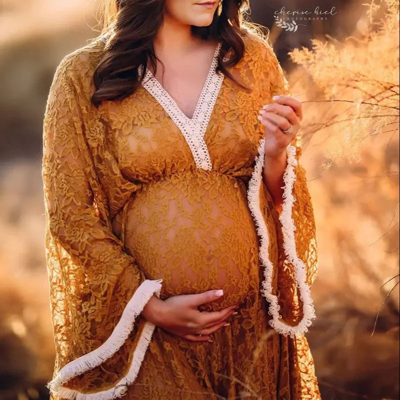 nvxiot - Boho Maternity Lace Yellow Evening Dresses Photography Props Sexy V-neck Long Gown Pregnancy For Photoshoot Fashion Baby Shower